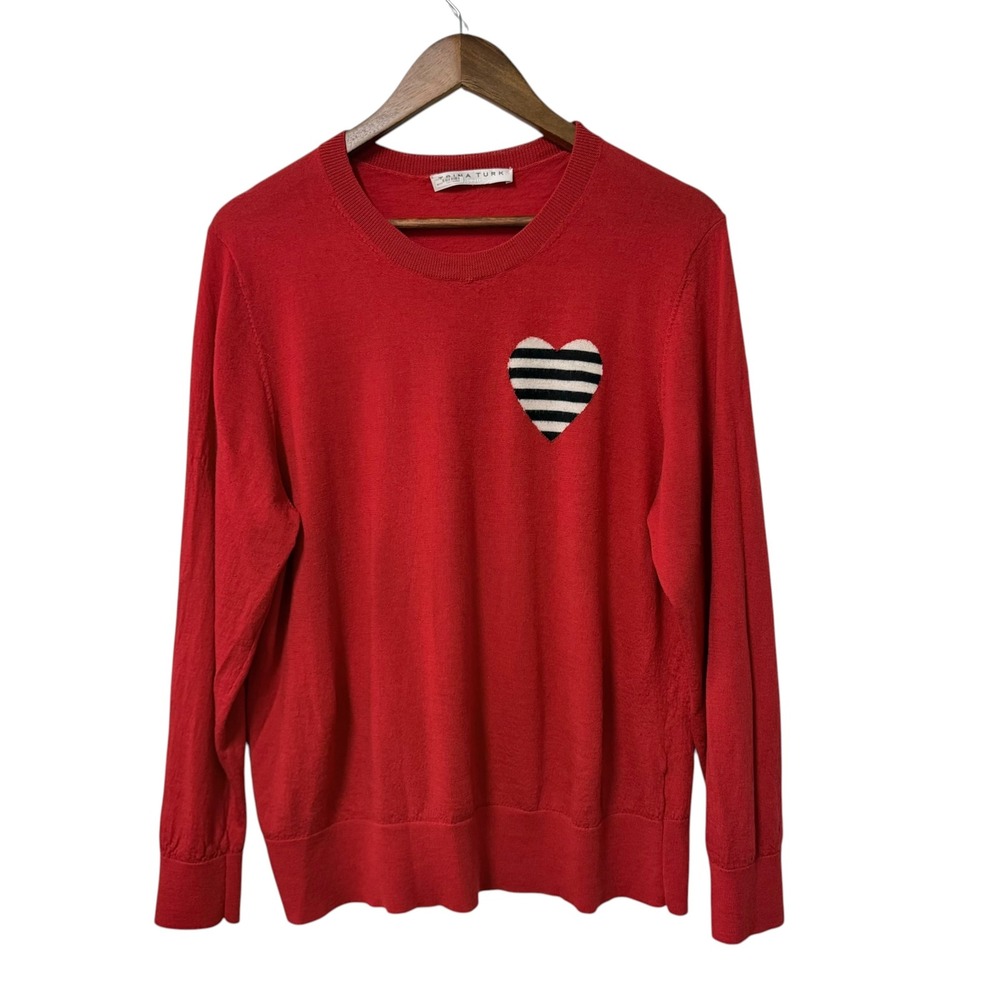 Trina Turk Sweater Womens L Red Merino Wool Striped Heart Crew Neck Luxury Cozy